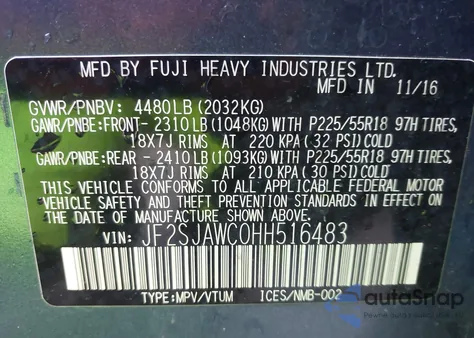 2017 Subaru Forester 2.5I Touring from USA, damaged, VIN JF2SJAWC0HH516483